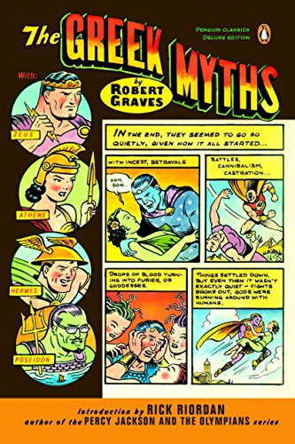 Colorful cover of “The Greek Myths” featuring illustrated gods and scenes.