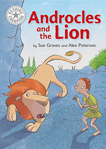 Book cover: a boy facing a lion in a rocky landscape.