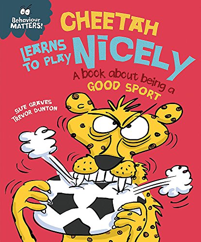 Cartoon cheetah with a soccer ball, book cover about good sportsmanship.