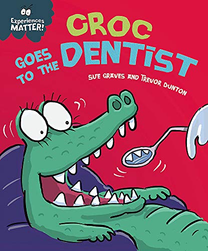 Cartoon crocodile with open mouth at the dentist, book cover.
