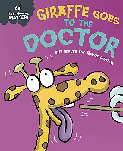 Cartoon giraffe with outstretched tongue being examined by a doctor.