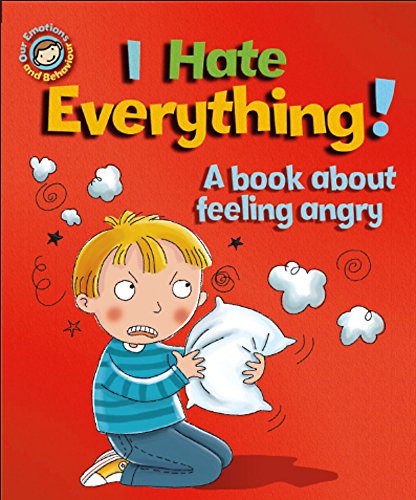 Red book cover with an angry boy clutching a pillow, swirls and stars.