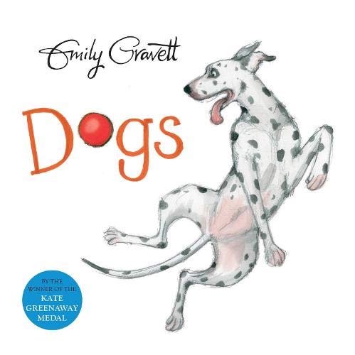 A dalmatian dog jumps playfully next to the orange title Dogs on a white background.