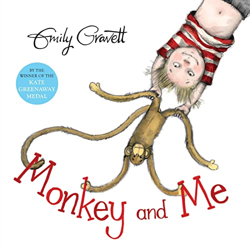 Book cover: child and monkey playfully hanging upside down, illustrated style.