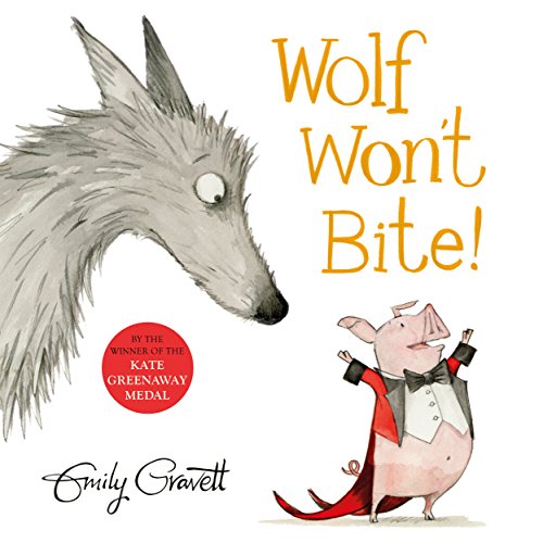 A grey wolf looks down at a small pig wearing a tuxedo and red cape.