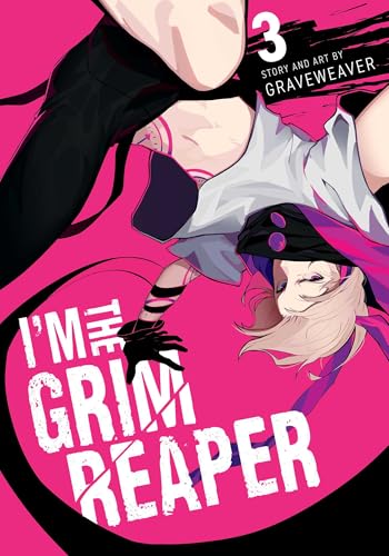 Manga cover: pale figure in black and white with pink background, text "I'm the Grim Reaper".