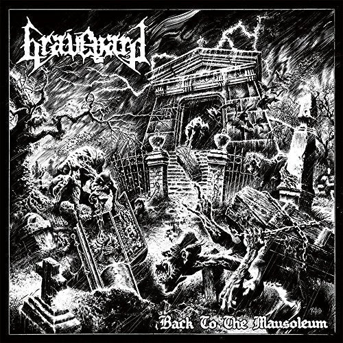 Black and white ink illustration of a graveyard with monsters and a stone mausoleum.