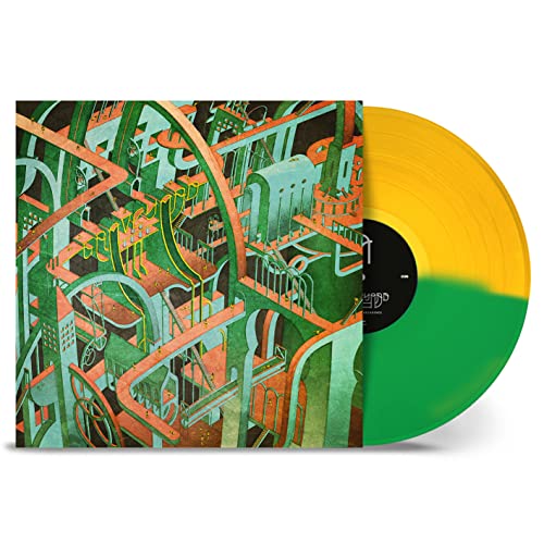 Vinyl record cover with abstract green architecture and a split yellow and green disc.