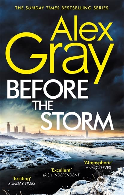 Book cover: dark stormy sky over a coastal town, bold yellow text.