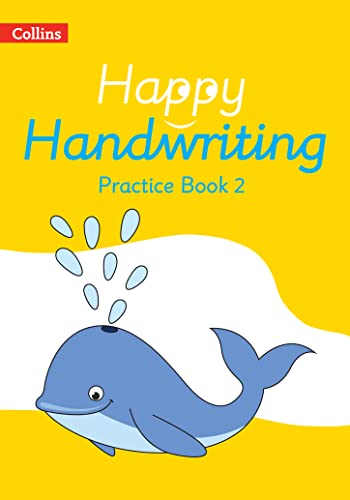 Yellow book cover with "Happy Handwriting Practice Book 2" and a whale.