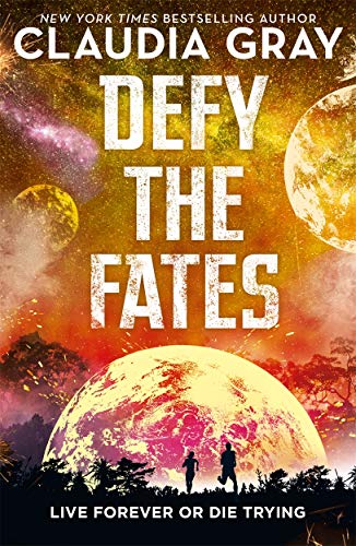 Book cover for "Defy the Fates" with planets, silhouetted figures, and fiery colors.
