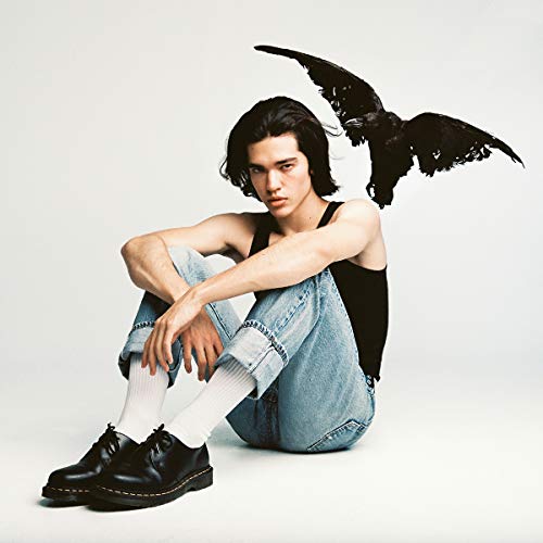 Young man with a crow perched on his shoulder, light background.