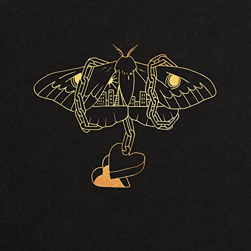 Gold line art of a moth with a city skyline, chains, and hearts on black.