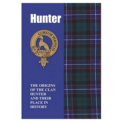 Book cover: "Hunter" title, clan crest, and tartan pattern background.