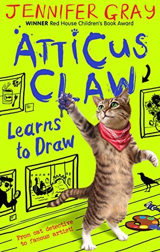 Cat detective Atticus Claw stands on hind legs, holding a paintbrush.