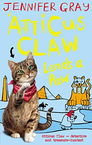 Book cover featuring a tabby cat detective with pyramids in the background.