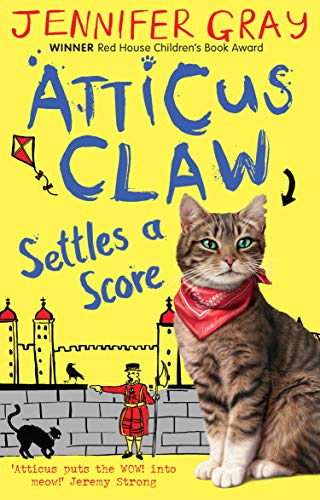 Book cover: striped cat with red scarf, London backdrop, title "Atticus Claw".