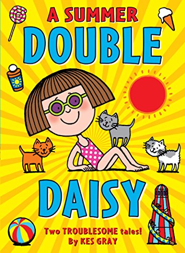 Bright yellow book cover with a girl, cats, and summer imagery.