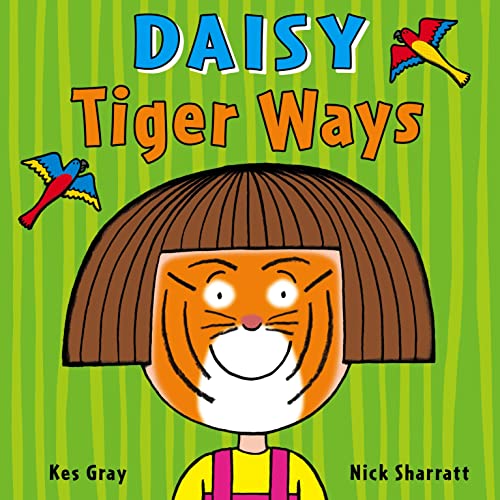Book cover: girl with tiger stripes and two colorful birds.