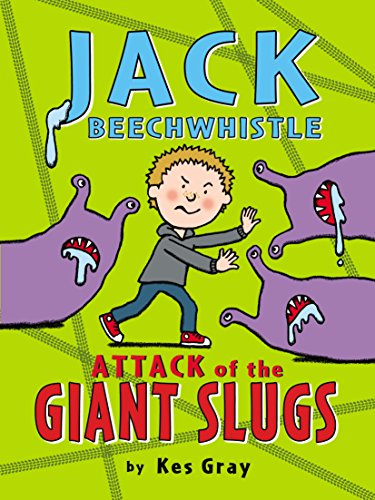 Boy runs from large purple slugs on a bright green cover.