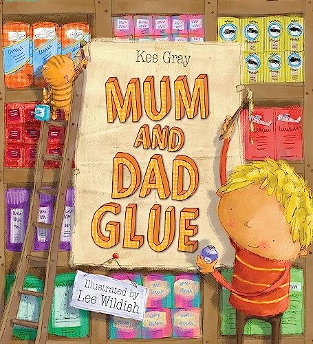 A cartoon cat on a ladder and a boy applying glue to a book cover.