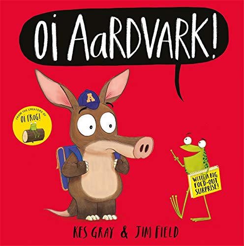 Book cover: aardvark with backpack, surprised expression, and a green frog.
