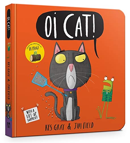 Orange board book cover featuring an annoyed grey cat and a green frog.