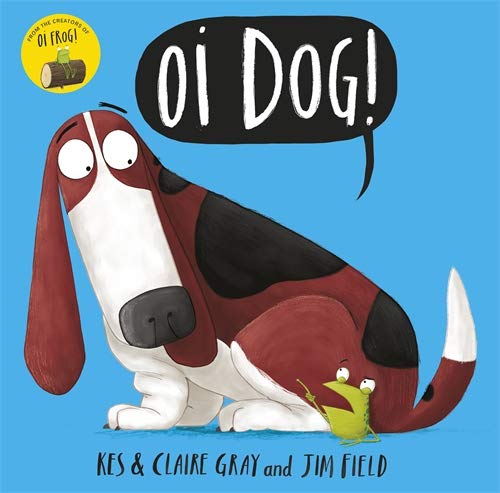 Illustration of a brown and black dog with a small green frog nearby.