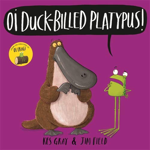 Cartoon platypus and frog on a purple background, book cover.