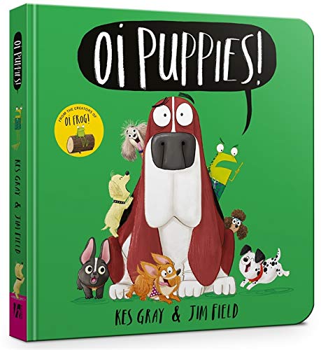 Green board book cover with cartoon puppies and the title "Oi Puppies!".