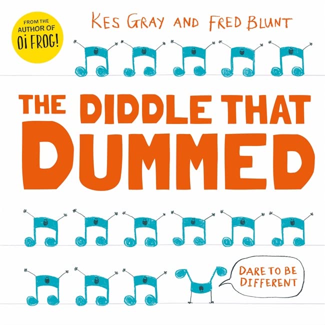 Book cover with blue musical note creatures and orange title text.