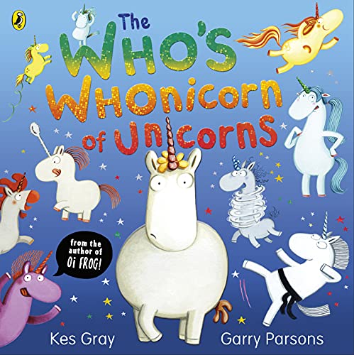 Children’s book cover featuring colorful, cartoon unicorns on a blue background.