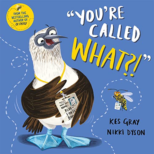 A blue-footed booby bird with a name tag stands next to a small bee.