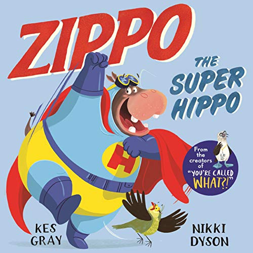 Superhero hippo with a red cape and mask, book cover illustration.