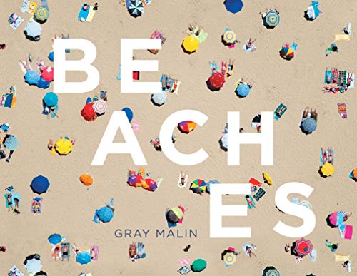 Book cover with aerial view of beachgoers and colorful umbrellas.
