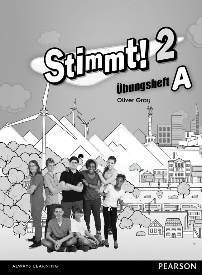 Stimmt! 2" workbook cover with students, windmills, and a cityscape illustration.