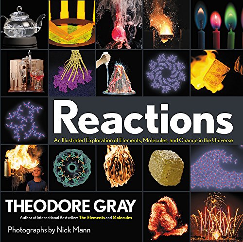 Book cover featuring a grid of scientific images, chemical reactions, and the title Reactions.
