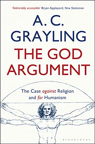 Book cover: "The God Argument" by A.C. Grayling, with Vitruvian Man illustration.