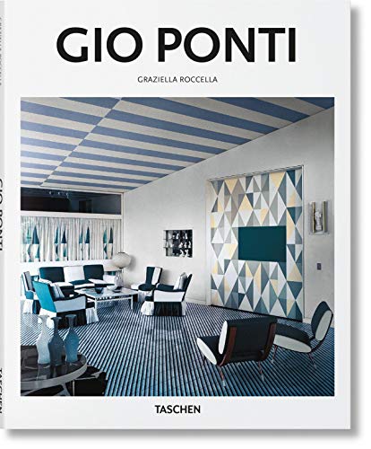 Book cover titled Gio Ponti featuring a modern interior with blue and white decor.