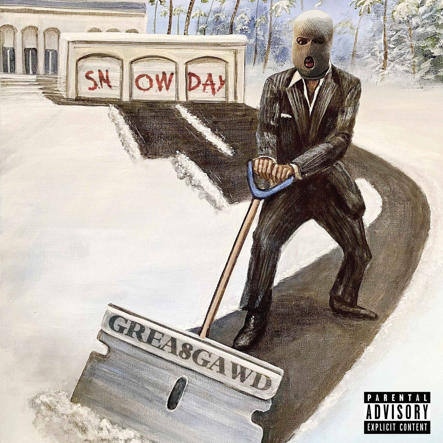 Painting of a man in a suit and ski mask shoveling snow with a razor.