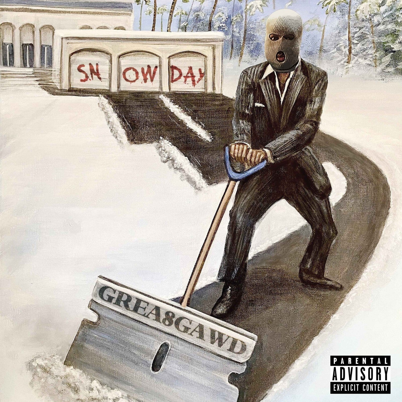 Painting of a man in a suit and ski mask shoveling snow with a razor.