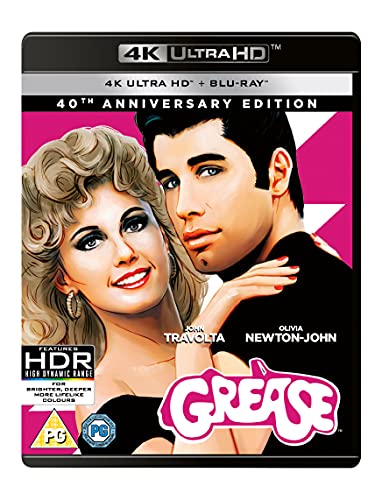 “Grease” 4K UHD Blu-ray cover featuring John Travolta and Olivia Newton-John.