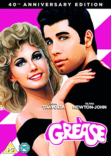 Grease 40th Anniversary DVD cover featuring illustrated portraits of John Travolta and Olivia Newton-John.