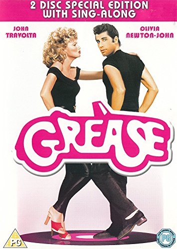 Grease" DVD cover featuring John Travolta and Olivia Newton-John in dance pose.