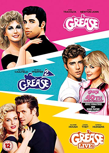 DVD cover featuring Grease, Grease 2, and Grease Live with cast portraits on colored backgrounds.