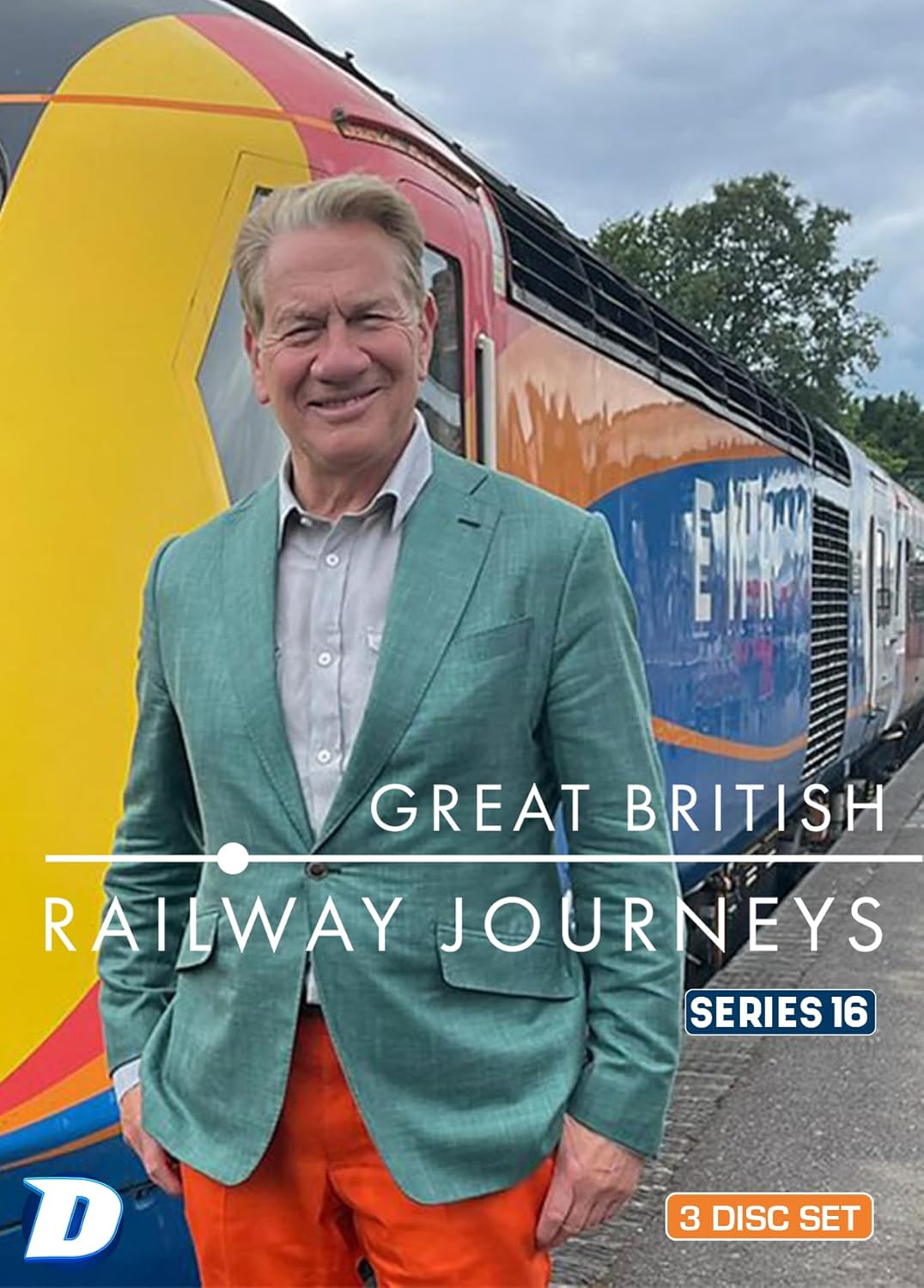 Michael Portillo stands by a colorful train, DVD cover for Series 16.