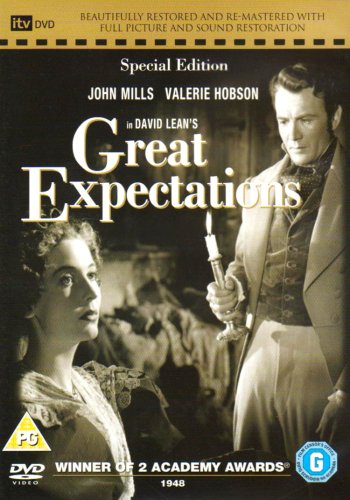 DVD cover for “Great Expectations” featuring actors and candlelit scene.
