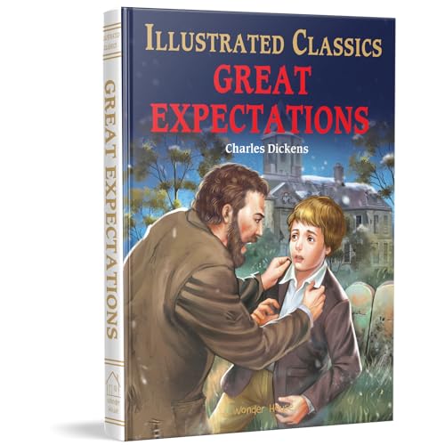 Book cover of Great Expectations by Charles Dickens featuring a man confronting a boy.