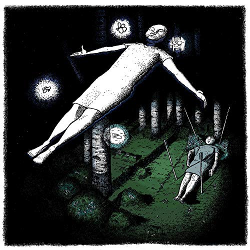 A haunting black-and-white illustration of a person pierced by arrows in a dark forest.