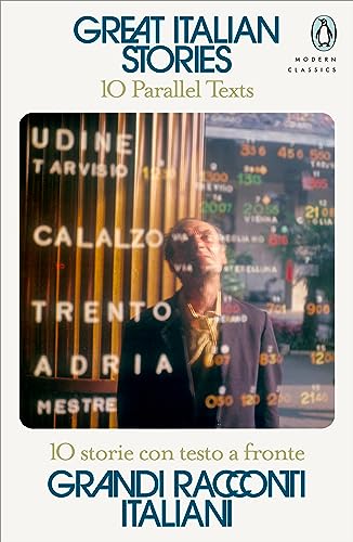 Book cover: "Great Italian Stories" with a man near train station signs.